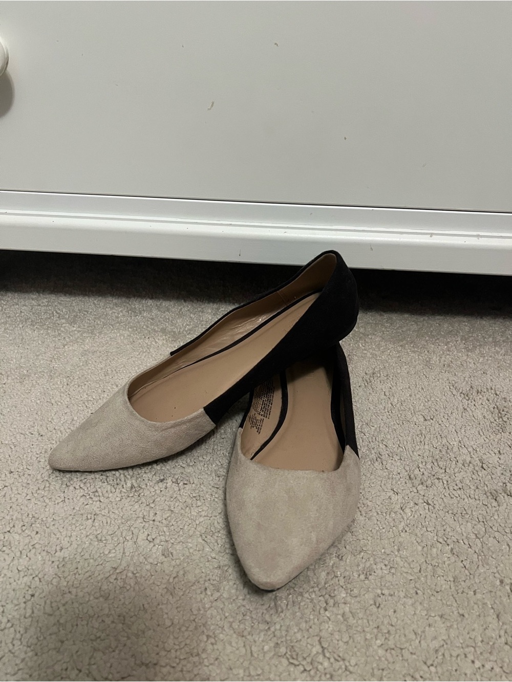 Two-Tone Pointed Ballet Flats in Beige and Black